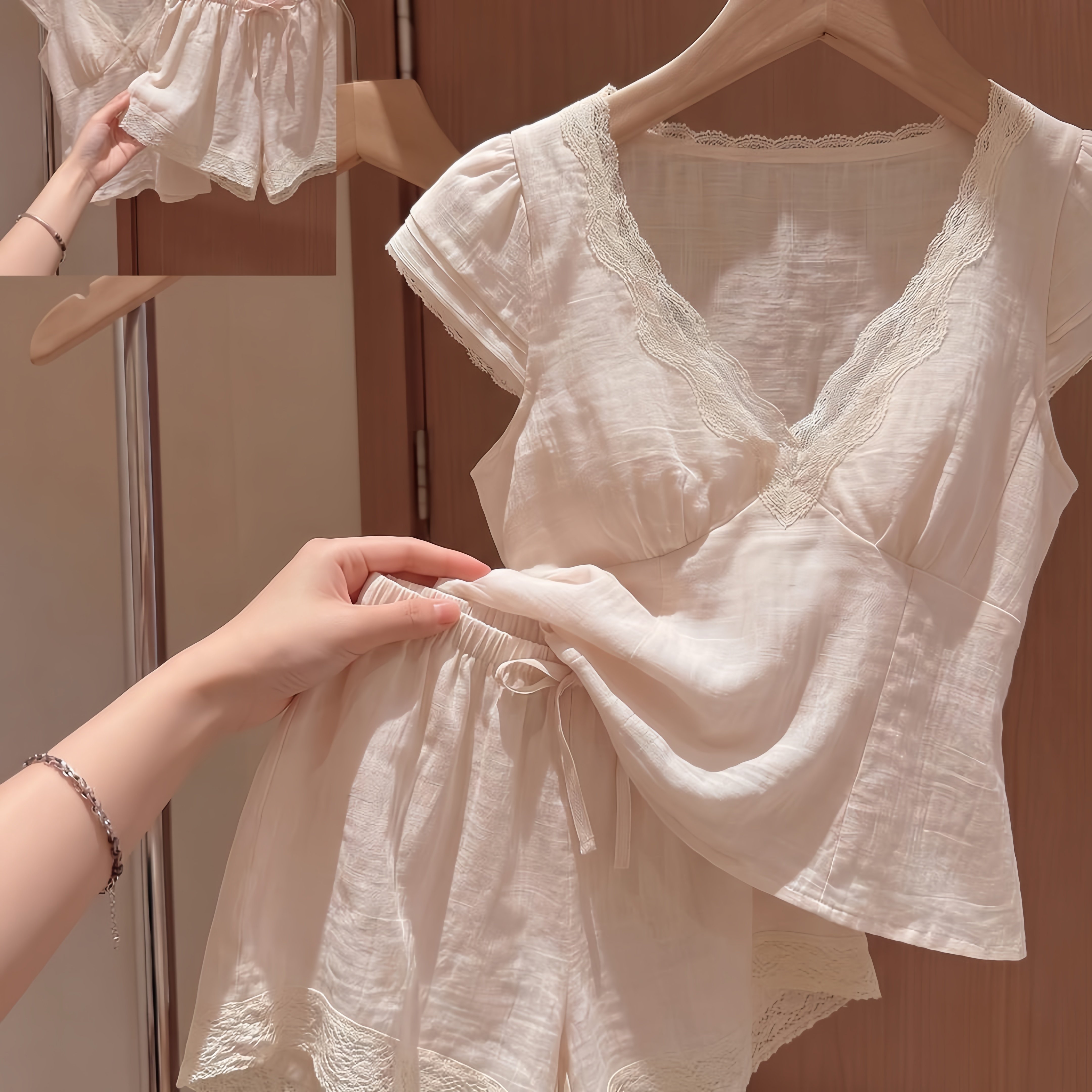 法式少女简约纯欲风蕾丝花边V领带胸垫睡衣女夏季短袖套装居家服