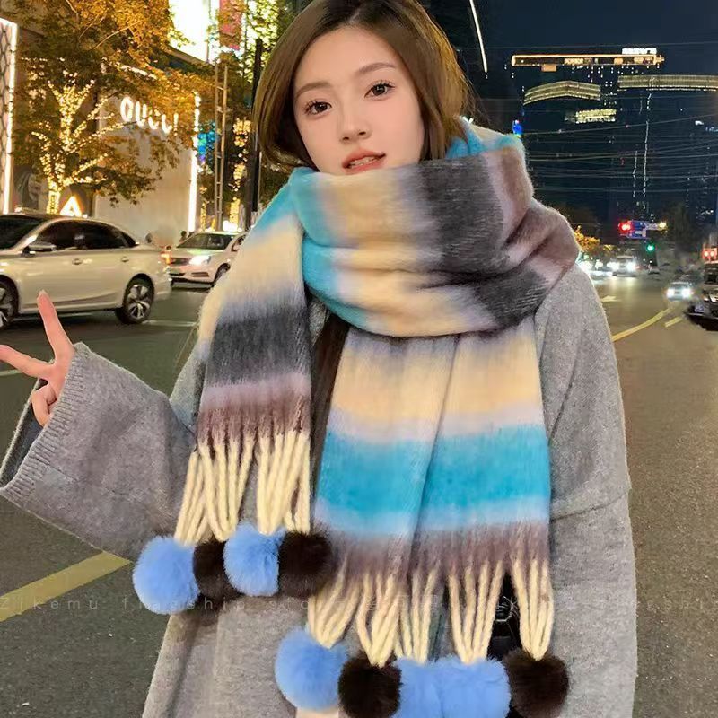 高级感围巾女冬季保暖彩虹撞色韩版流苏毛球防寒长款加厚披肩甜美