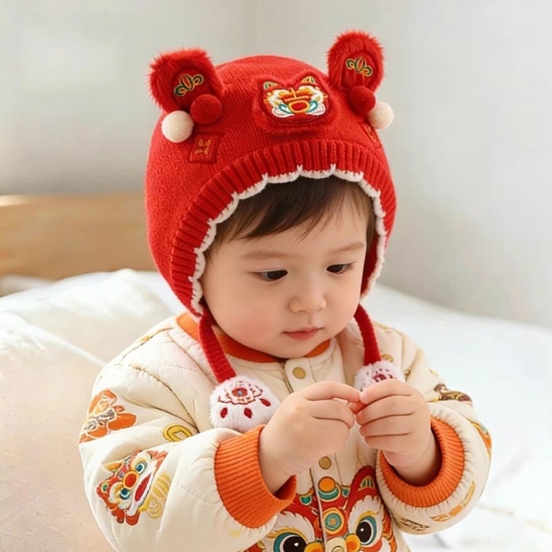 宝宝帽子冬季婴儿童新年红色针织虎头帽男孩女宝过年帽加厚护耳帽