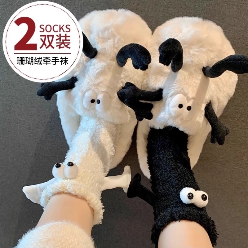 厚袜子女冬季加绒情侣保暖中筒袜珊瑚绒秋冬季可爱加厚居家地板袜