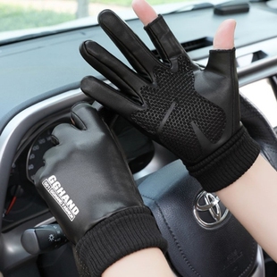 半指皮手套男士女冬季加绒保暖防滑二指露指骑行防水触屏外卖骑手