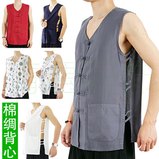 中老年夏季装男士马甲老人中式绵棉绸马褂人造棉坎肩马夹汗衫背心