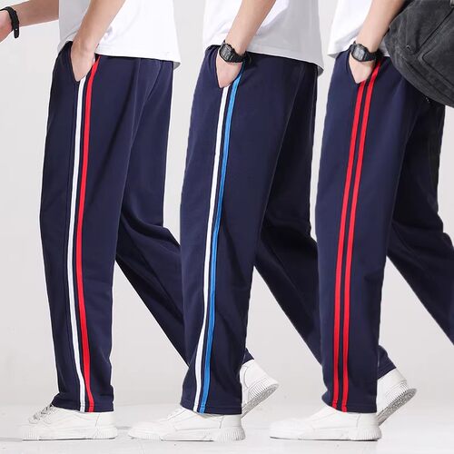 夏薄棉质双红双蓝条杠边校服裤子