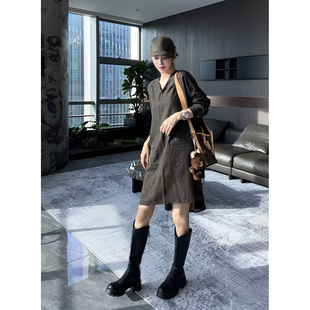 古朴柞蚕丝香云纱V领中长款袍子裙子DLF-887274