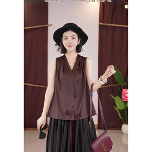 889469 背心上衣DLF 小重缎红油缎桑蚕丝捏褶V领通勤气质款 无袖