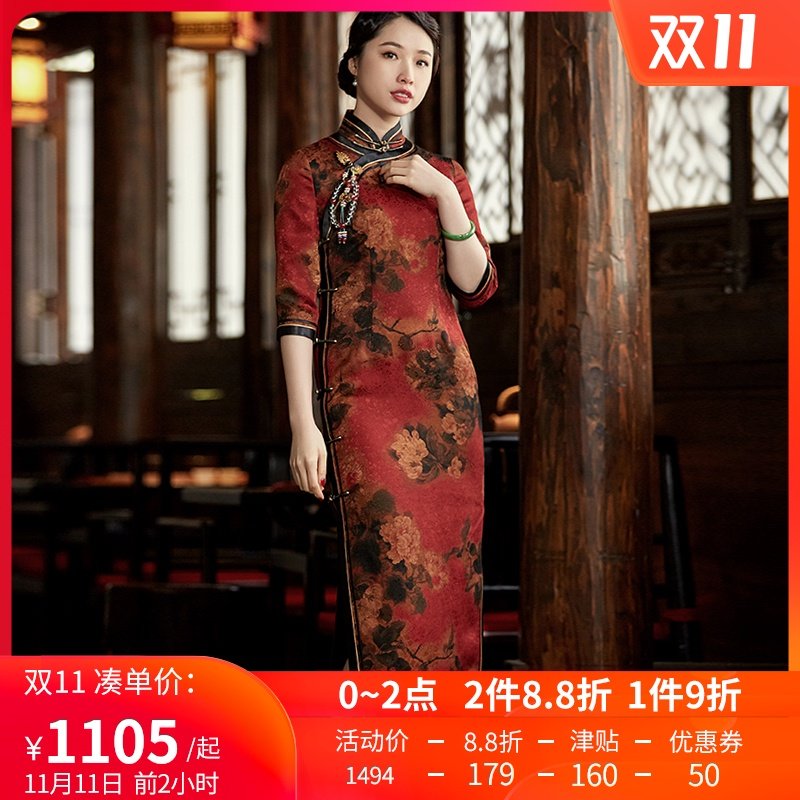 玺玥2020秋冬新款复古中国风花罗真丝香云纱七分袖长款旗袍连衣裙