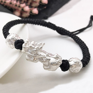 999纯银貔貅红绳编绳手链3D硬银足银麒麟男女情侣手绳