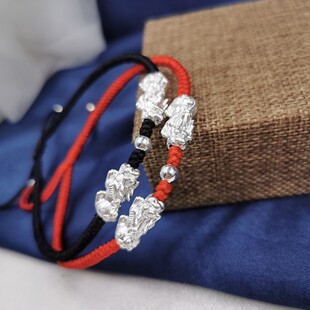 999纯银中国结双貔貅转运珠手工编织手链脚链情侣款 男女生礼物