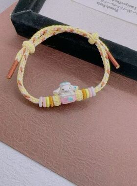 足银999卡通烤漆玉桂狗黄色手绳编织纯银手工编绳手链小朋友礼物