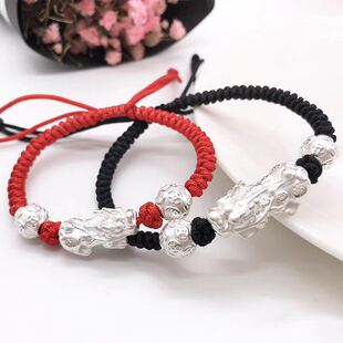 999纯银厚貔貅红绳编绳手链3D硬银足银麒麟男女情侣手绳