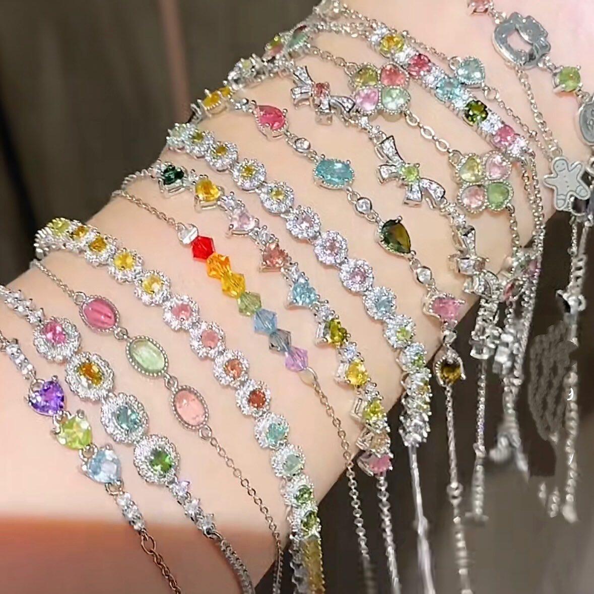 彩色锆石方形可调节手链轻奢高级感手环女小众设计感时尚手饰批发
