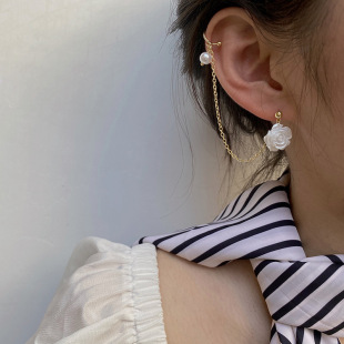 S925银子白色玫瑰花朵气质耳钉耳骨夹一体式耳环个性复古港风耳饰