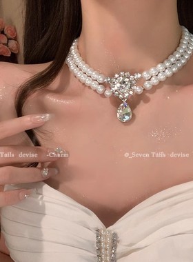 轻奢小众高级感名媛同款双层叠加珍珠项链爆闪夸张大锆石吊坠颈