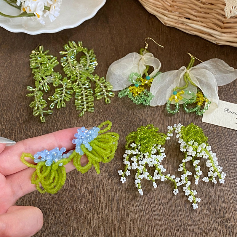 银针水晶花朵流苏耳环设计感小众耳钉夏季海边小清新甜美百搭耳饰