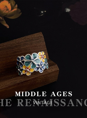 繁花似锦~文艺复古蓝色珐琅滴釉花朵戒指开口可调节花簇食指戒女