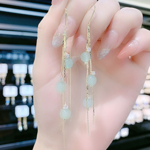 直播款新款果绿色猫眼石耳环气质长款流苏冰肌玉骨耳线防丢耳饰