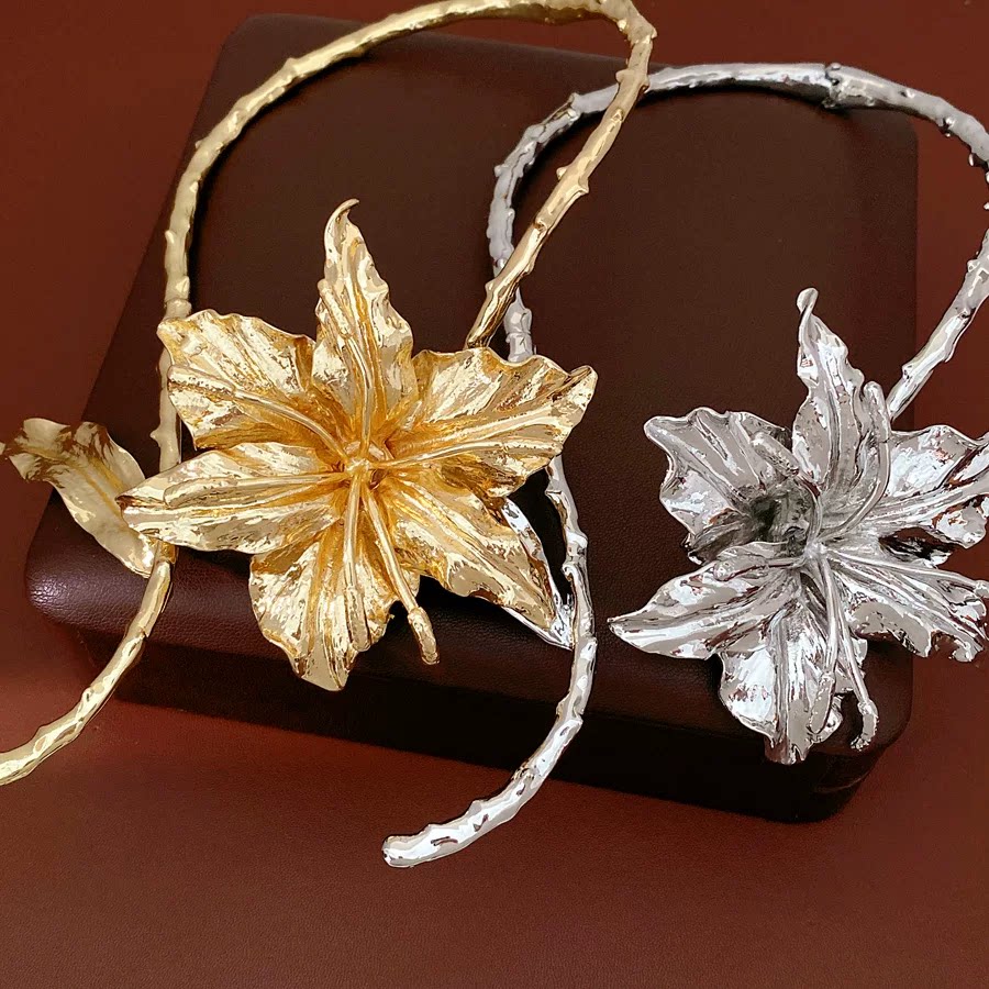 褶皱树叶花朵项圈欧美跨境金属风个性小众夸张项链轻奢高级感项饰