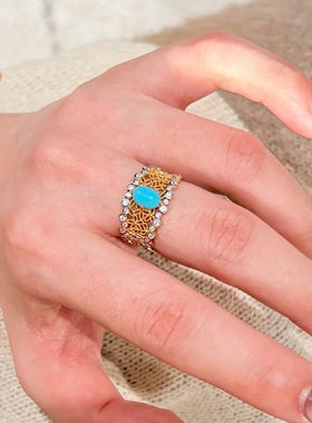 复古重工中古闪钻绿松石戒指奢华宫廷风气质食指戒小众高级感手饰