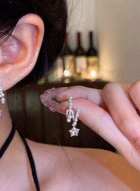 镀白金韩系甜美气质精致锆石星星耳环女小众百搭珍珠耳钉耳饰品