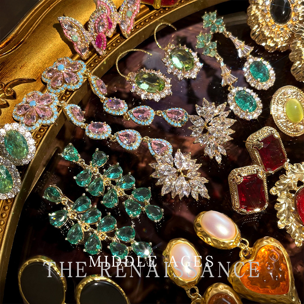 vintage中古重工彩宝锆石耳环夸张复古西洋风耳钉轻奢宫廷风耳饰