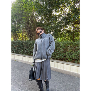 忧郁的米老虎/灰色立领摇粒绒廓形秋冬长袖宽松拉链呢外套男女同