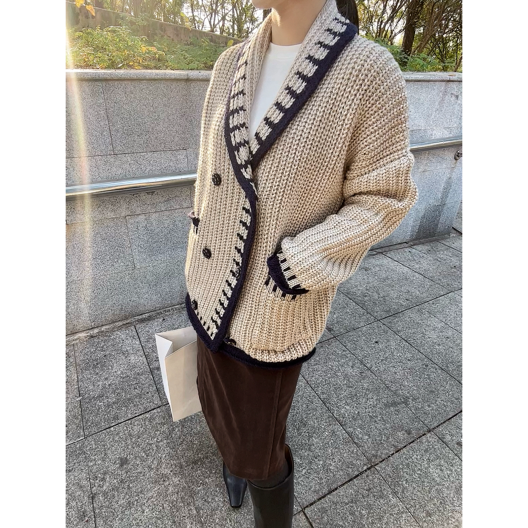 忧郁的米老虎/复古青果领粗针双排扣羊毛针织开衫秋冬保暖外套