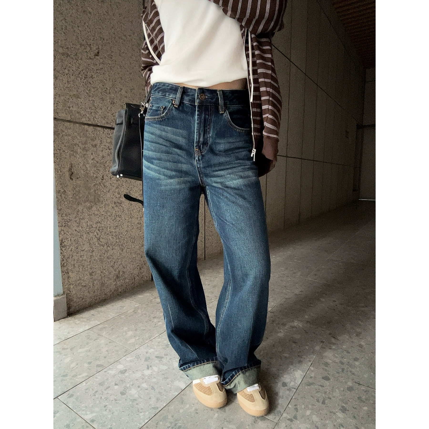 忧郁的米老虎/复古水洗猫须阔腿牛仔裤女高腰显瘦宽松垂感拖地裤