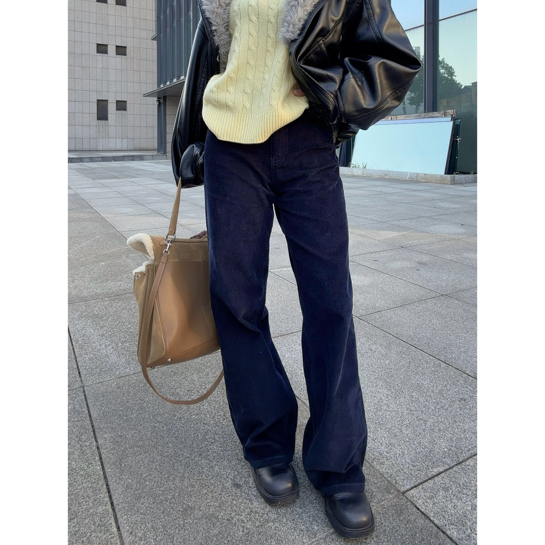忧郁的米老虎/复古深蓝灯芯绒坑条中高腰阔腿裤女直筒百搭长裤