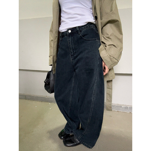 宽松阔腿长裤 忧郁 复古水洗做旧廓形牛仔裤 美式 春秋女 米老虎