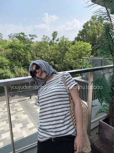 宽松显瘦条纹短袖 极简天然麻感刺绣小字母夏季 T恤女 米老虎 忧郁