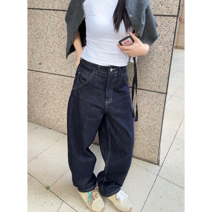 忧郁的米老虎/A3原色明线高克重落裆阔腿锥形牛仔裤女