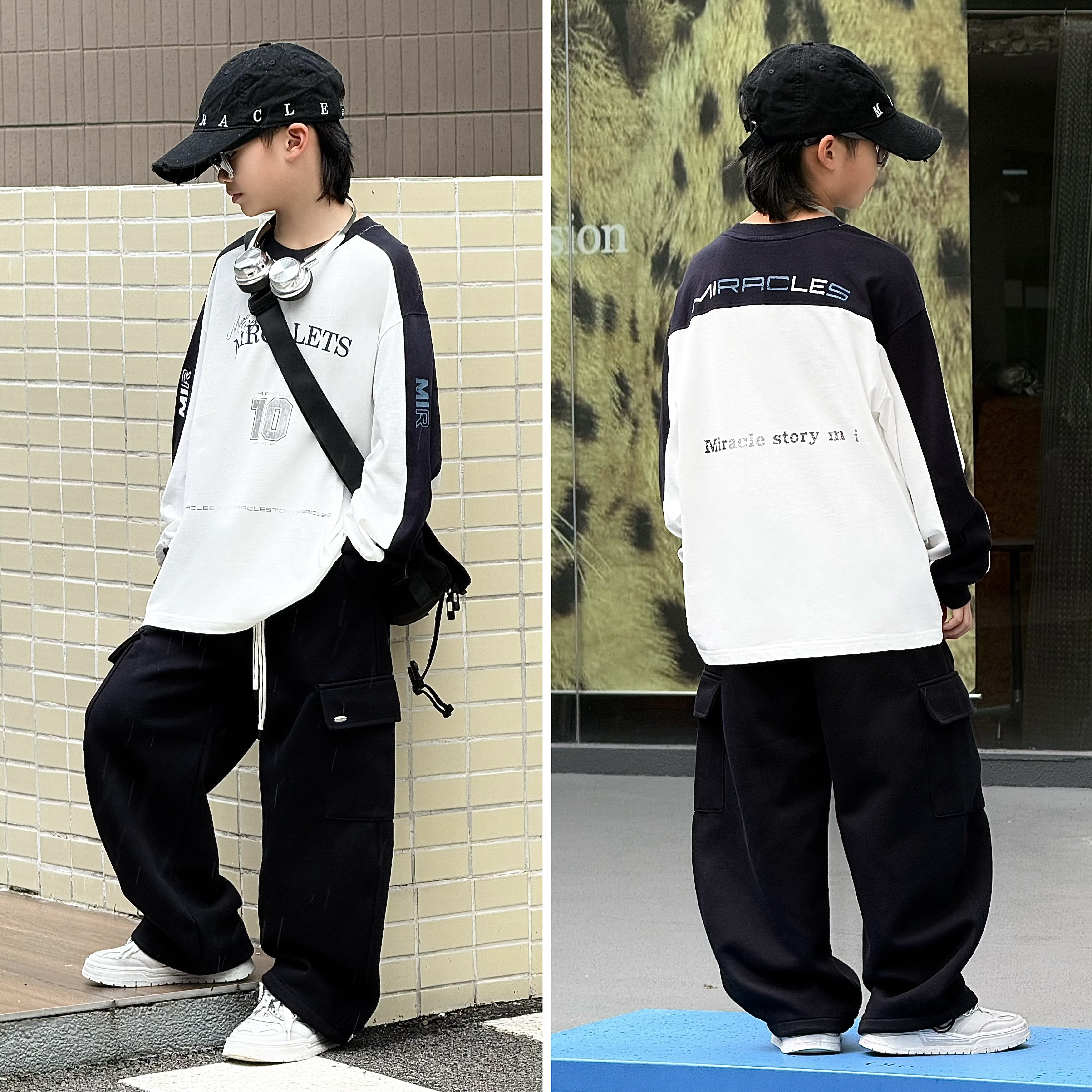 嘟妈童装青少年白黑拼色长袖卫衣字母印花宽松春秋潮流款5897