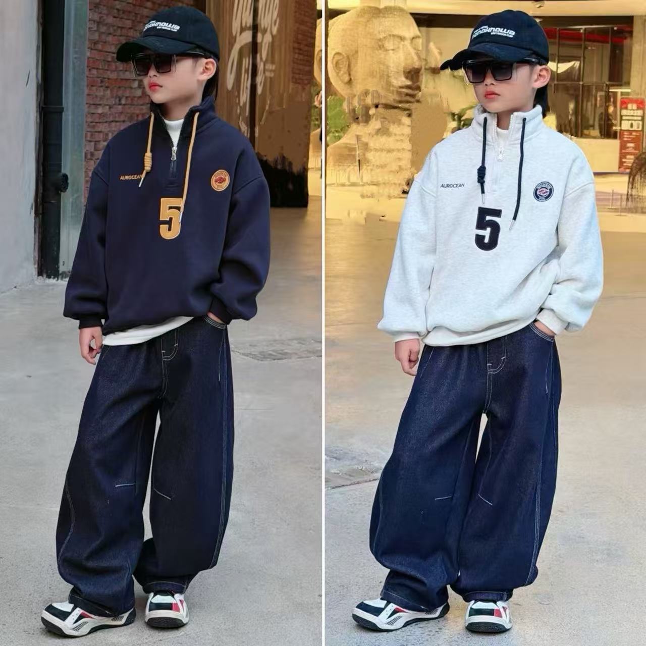 中大童冬季加绒卫衣青少年圆领加厚半拉链上衣7059