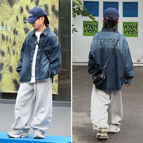 嘟妈童装中大童复古做旧牛仔衬衫男童秋季后背宽松翻领外套6808