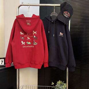 青少年红色加绒连帽卫衣2025冬装儿童加厚帽衫7077