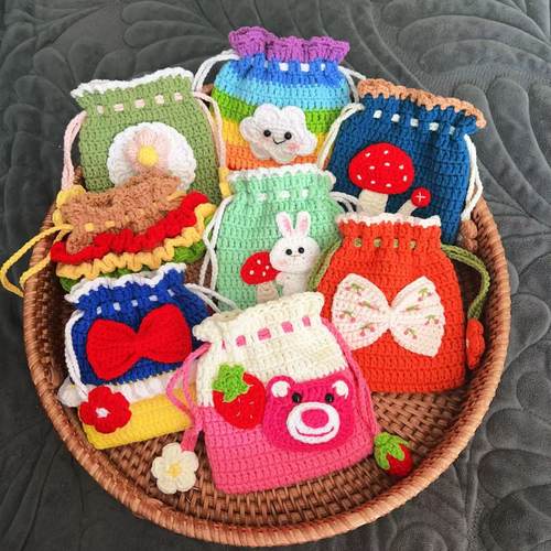 线钩织耳机包束口袋零钱包