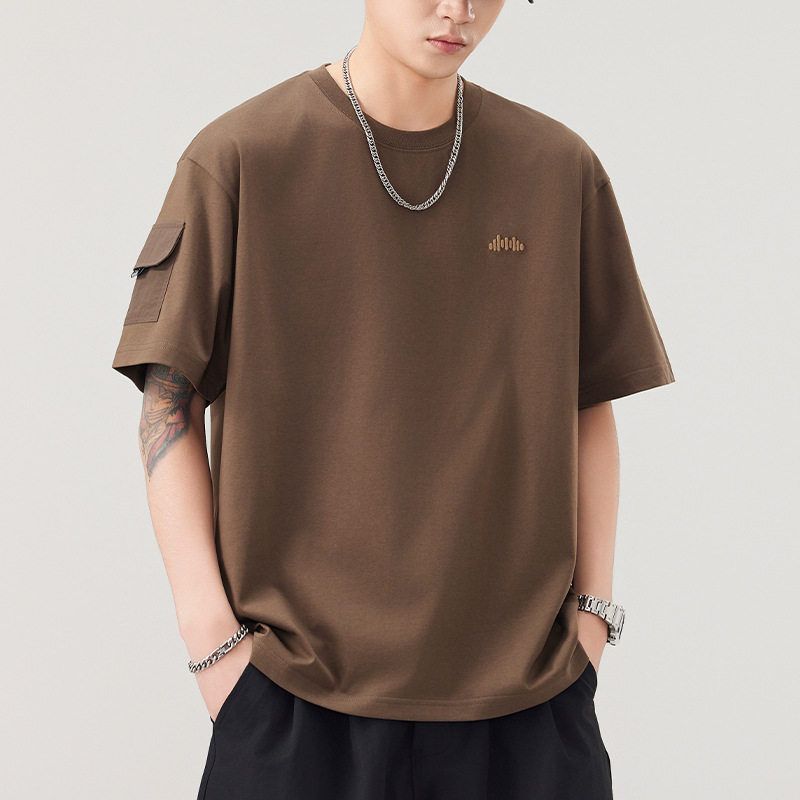 口袋短袖T恤男士夏季新款刺绣logo五分袖体恤衫潮流美式休闲上衣