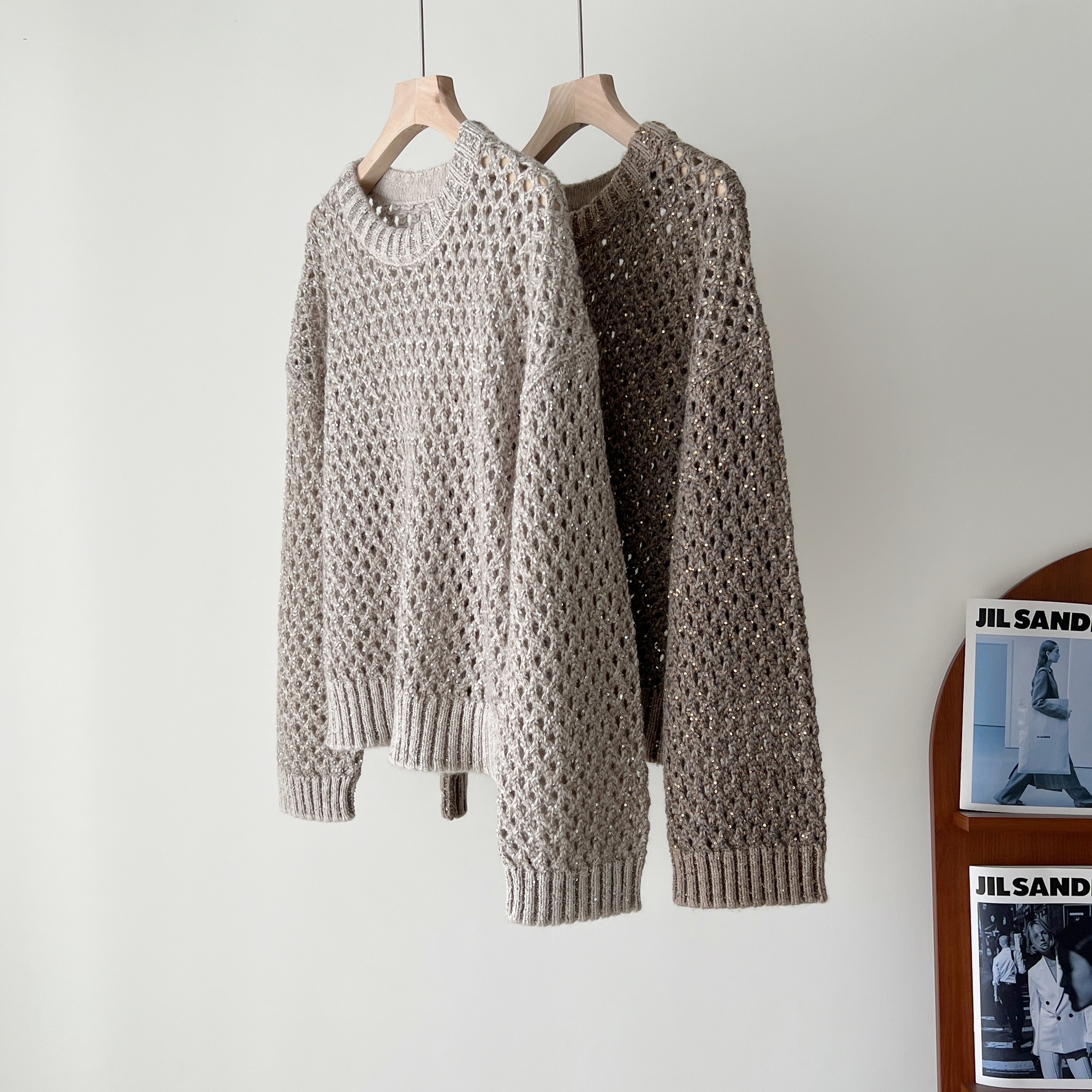 羊绒亮片金丝镂空网眼针织衫毛衣