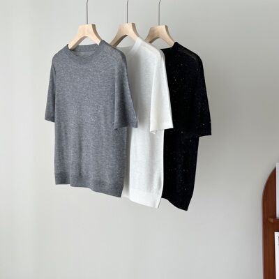 微透视亮片羊绒羊毛短袖针织衫