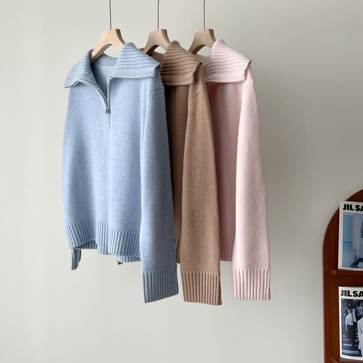 山羊绒大翻领半拉链羊绒衫毛衣