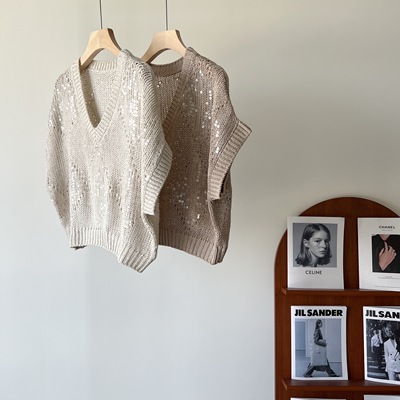 短袖菱格镂空亮片亚麻棉针织衫