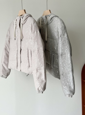 宝藏神衣 意大利bc 鹅绒连帽羽绒服亮片羊绒毛呢加厚外套面包服女