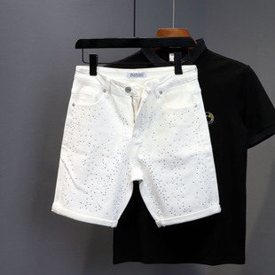 薄款 子破洞休闲马裤 白色牛仔短裤 中裤 男重工烫钻五分潮流修身 夏季