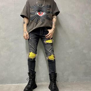 时尚 弹力牛仔裤 贴布小脚铅笔裤 个性 美式 痞帅潮流男裤 复古水洗修身