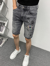 男牛仔裤 新款 五分裤 流行修身 水洗弹性黑灰 短裤 子潮牌印花韩版 夏季