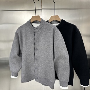 秋冬重磅假两件格子拼接针织毛衣开衫男韩系潮流宽松百搭加厚外套