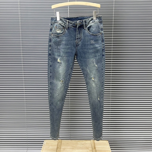 男修身 痞帅百搭铅笔裤 小脚裤 韩版 潮流ins九分裤 磨烂小破洞牛仔裤