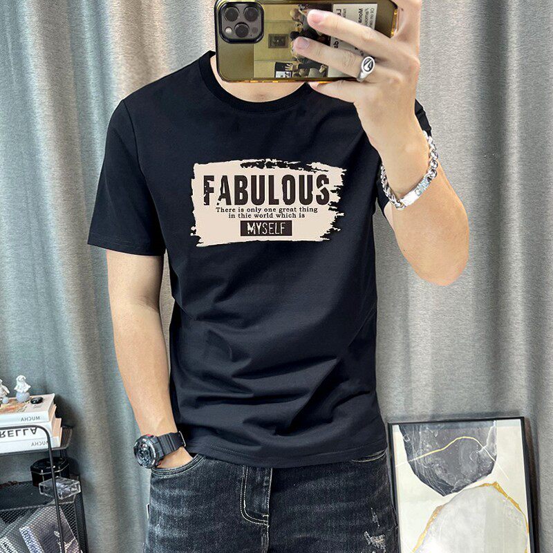 夏季时尚涂鸦字母印花短袖t桖男青年韩版修身潮流冰丝棉体恤衫男T