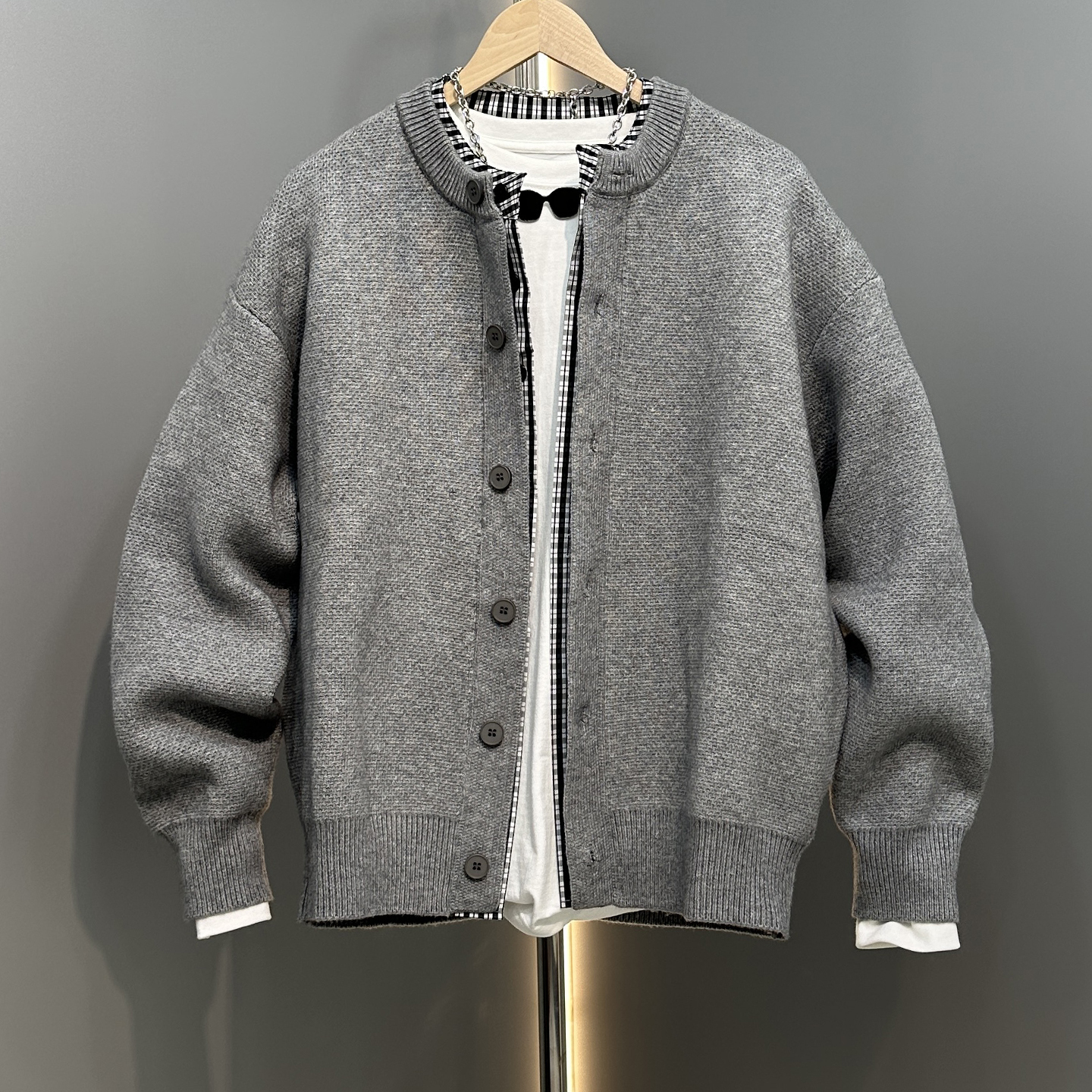 2025秋冬厚款拼接假两件针织开衫男青年痞帅百搭毛衣宽松休闲外套