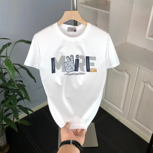 ins男装 夏季 创意印花短袖 宽松潮牌打底衫 上衣 轻奢重磅纯棉T恤男士